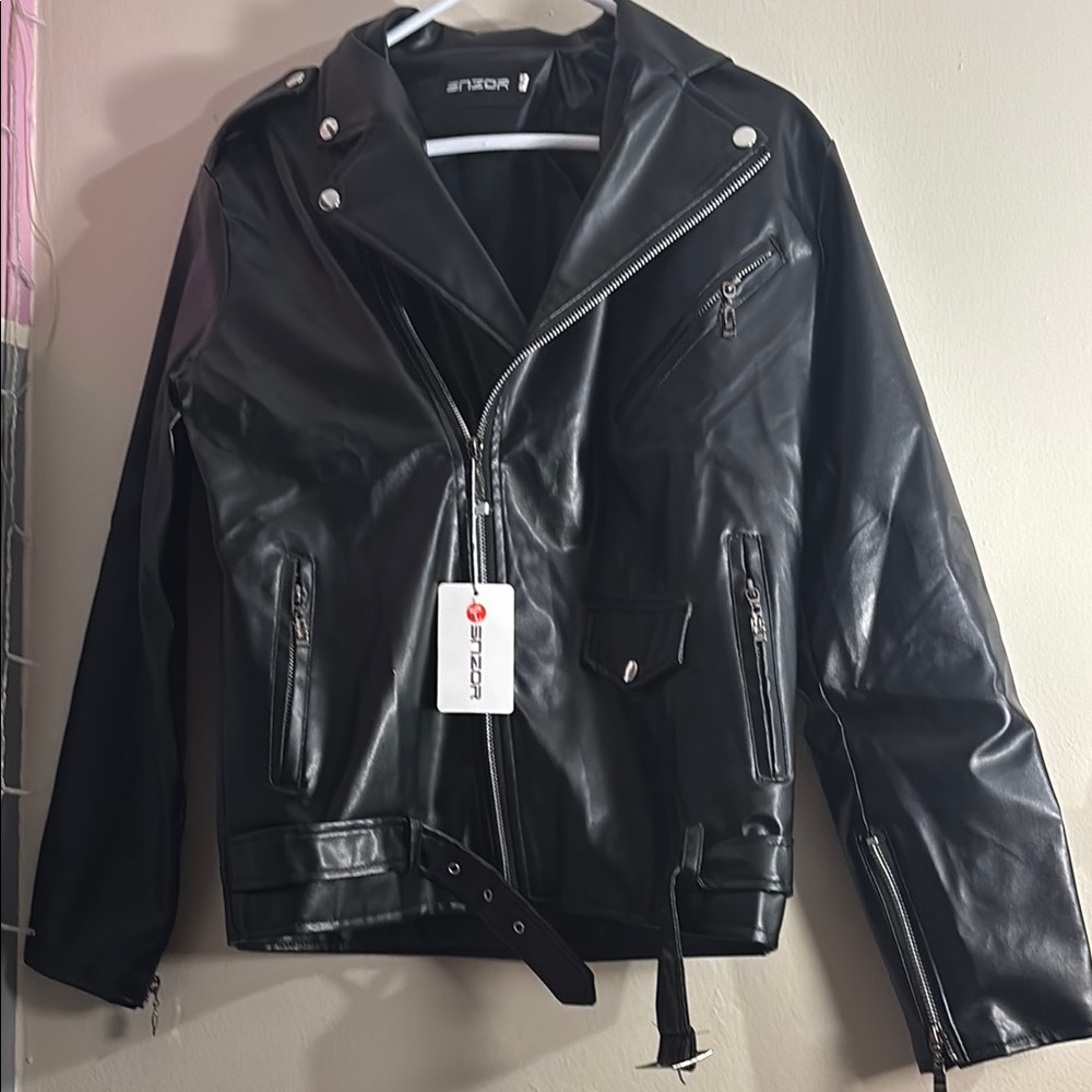 Black Faux Leather Biker Jacket Snzor